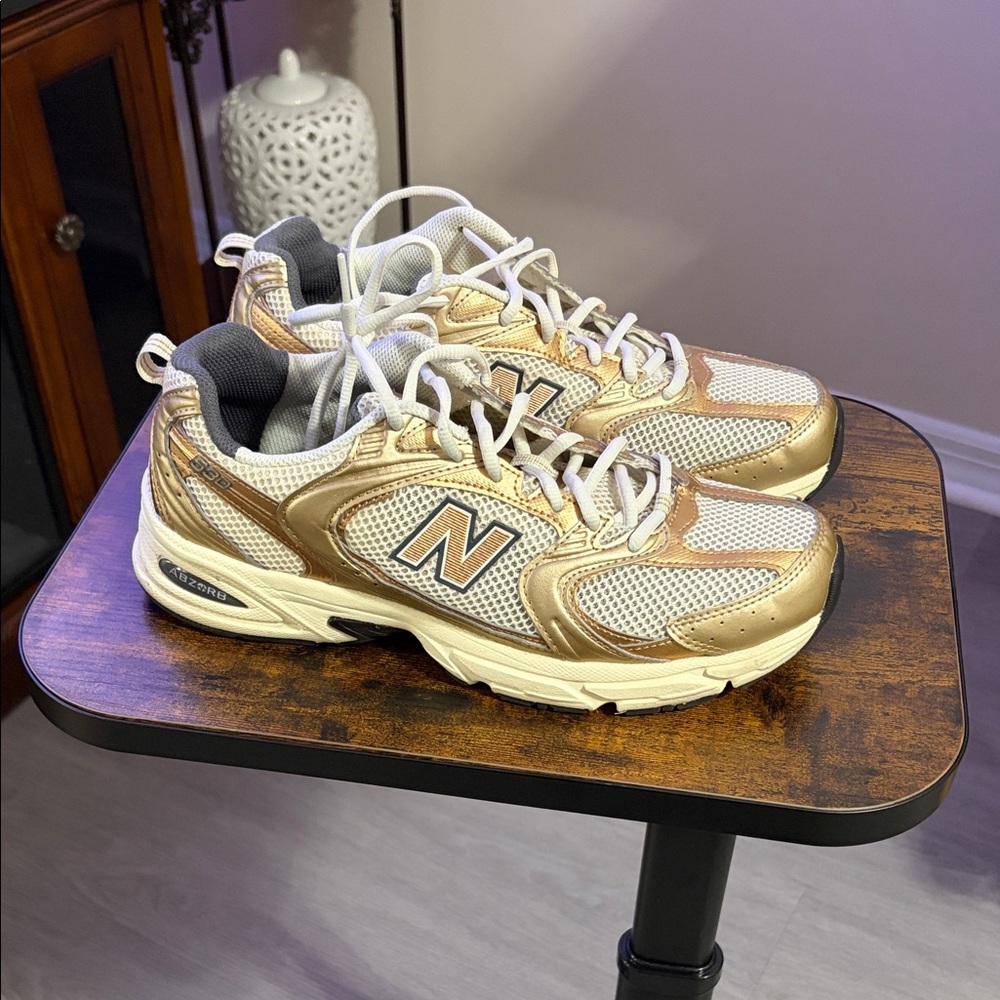 New Balance Metallic Gold and White Sneaker - Men’s 10